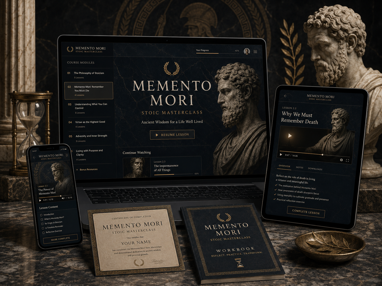 The Memento Mori Stoic Masterclass shown on a laptop, tablet and phone, beside the printed workbook and certificate