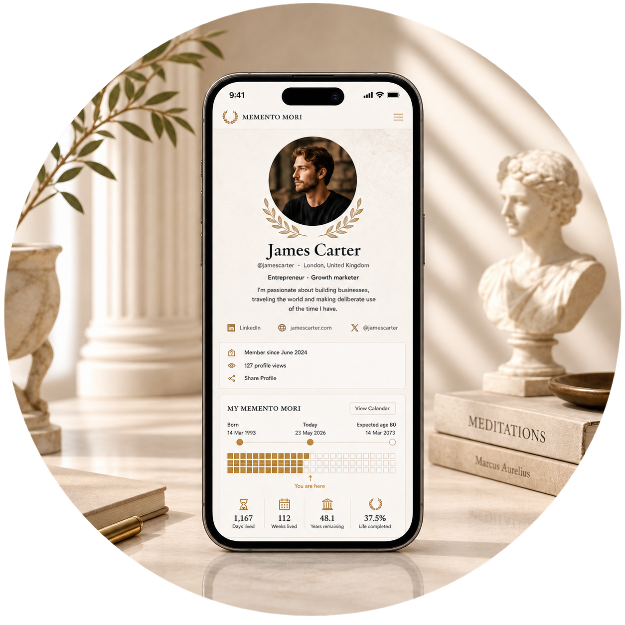 A Memento Mori profile on a phone, framed by classical Greek objects