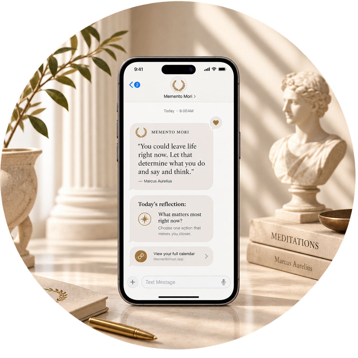 A Memento Mori profile on a phone, framed by classical Greek objects
