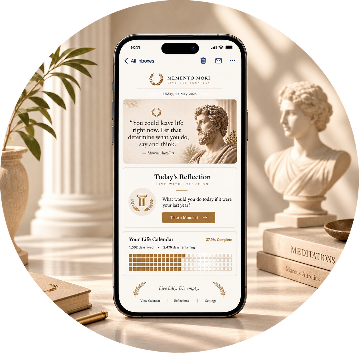 A Memento Mori profile on a phone, framed by classical Greek objects