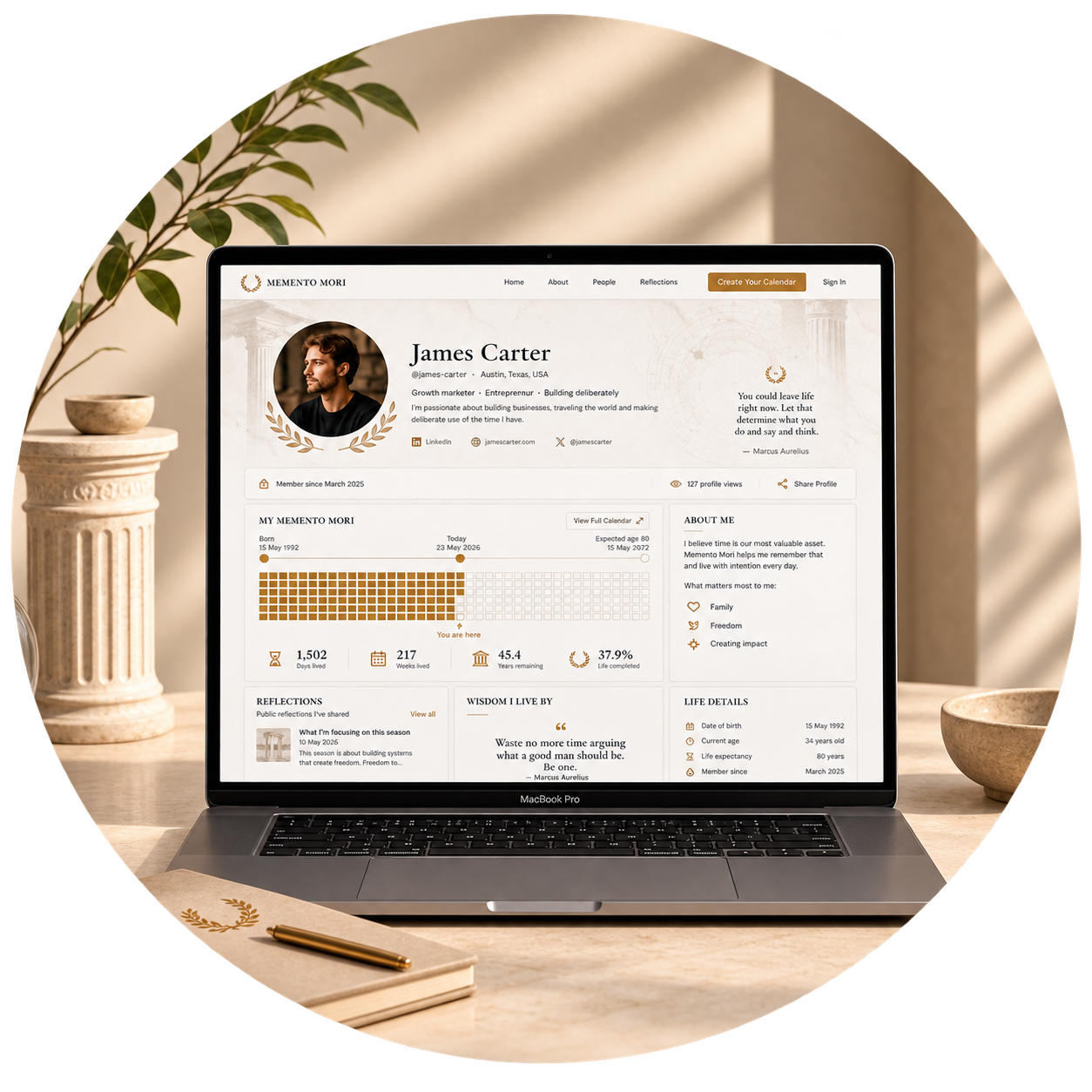 The Memento Mori dashboard shown on a laptop, with the life-in-weeks grid