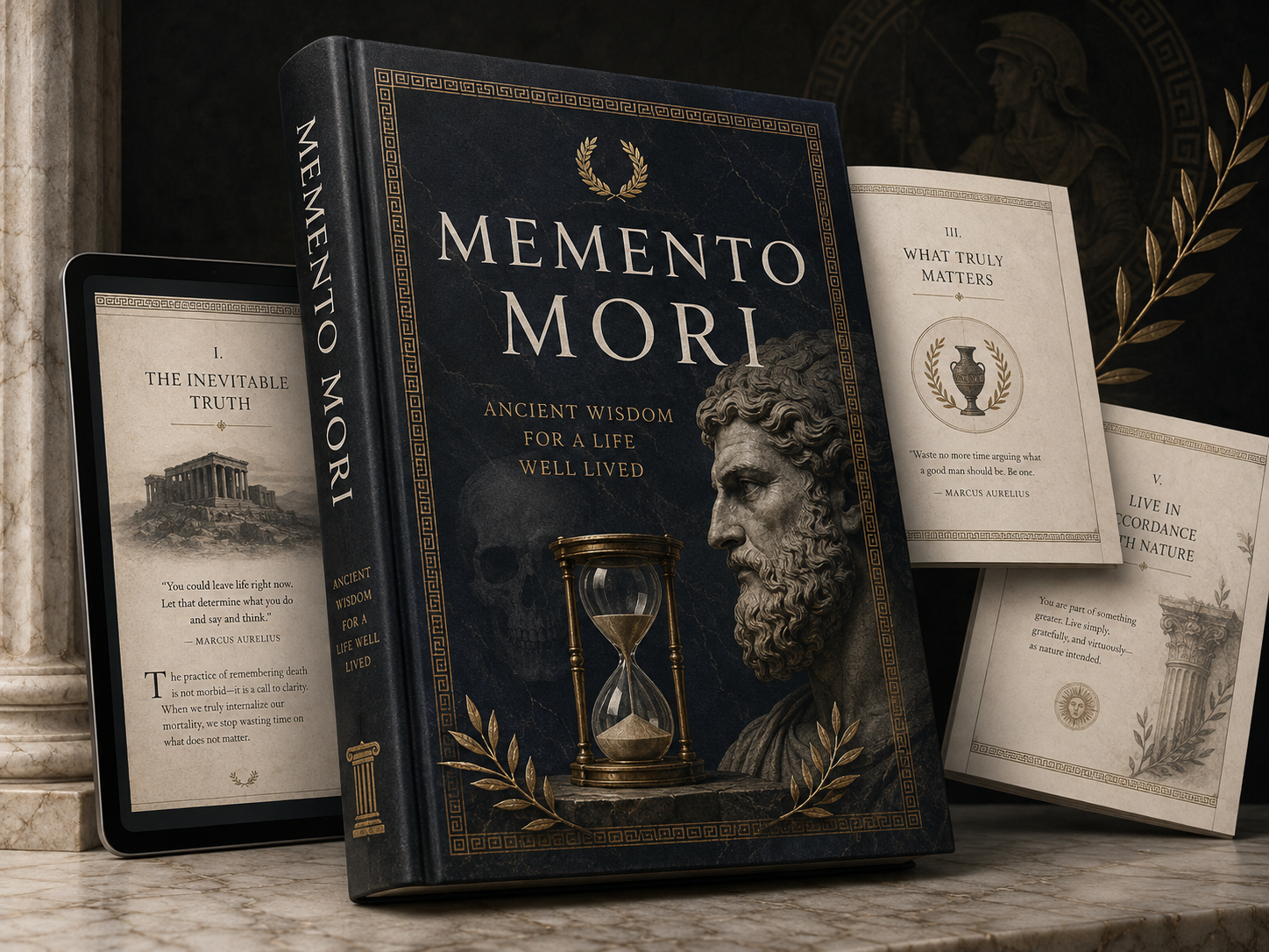 The Memento Mori ebook shown as a hardback beside a tablet and printed chapter pages