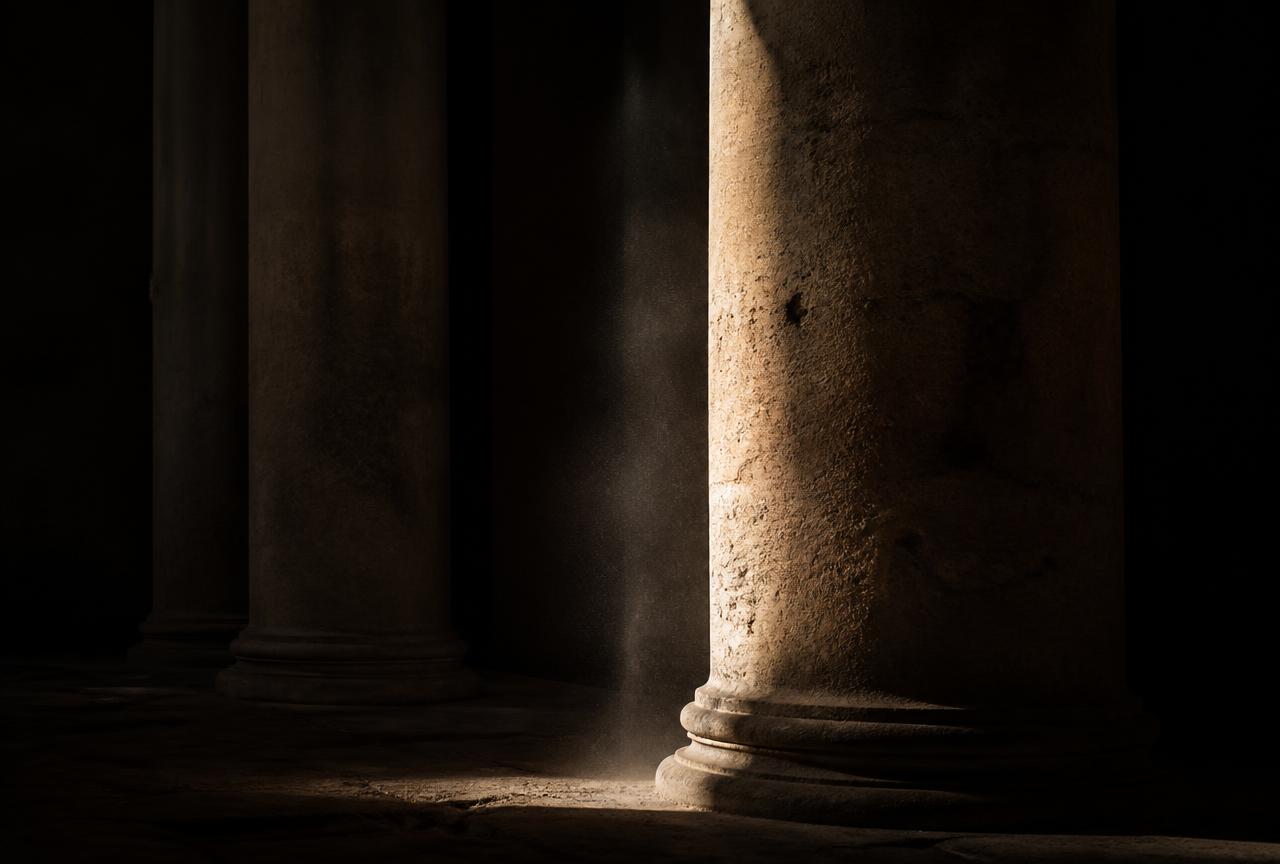 Roman temple columns in shadow with a single shaft of light