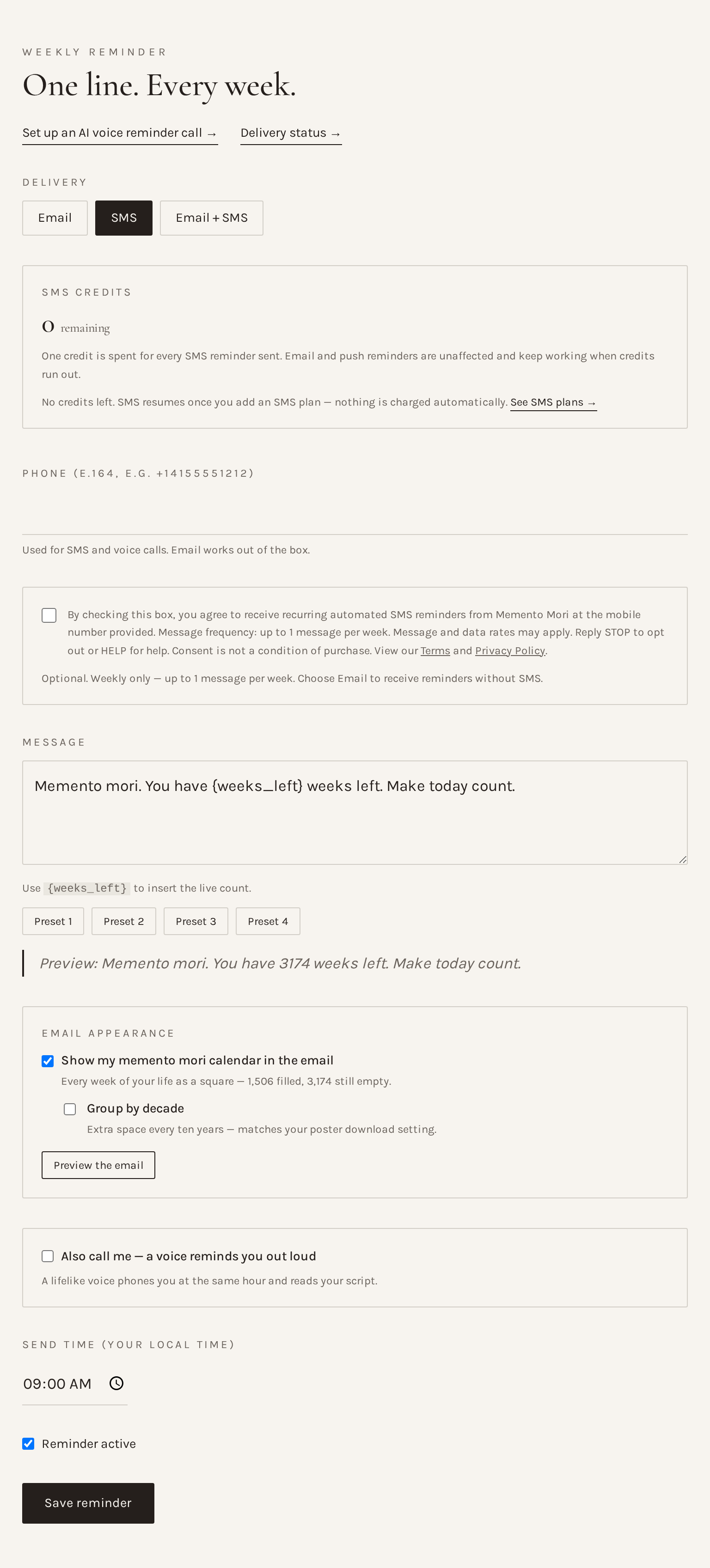 Memento Mori reminder settings showing the SMS toggle, mobile number field and the unchecked SMS consent checkbox with the full disclosure text.